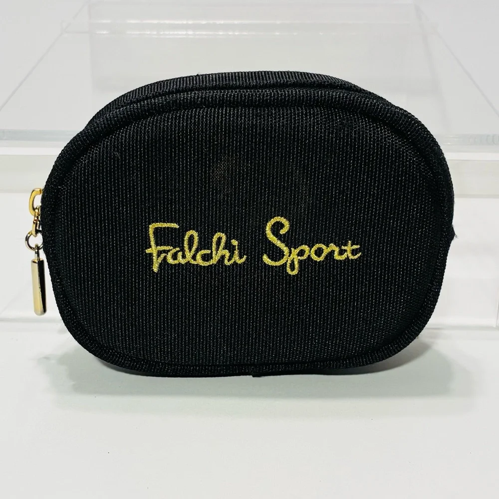 Vintage Carlos Falchi Sport Black Zippered Pouch Gold Embroidered Logo 2x5x3.5